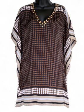 Brown Patterned V-Neck Women’s Tunic Dress